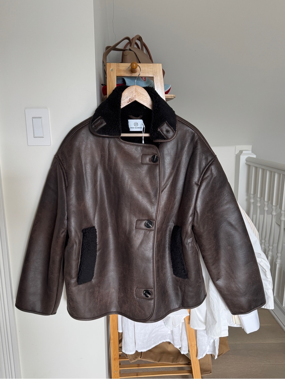 NWT Pink Diamond Dark Brown Faux Leather Shearling-Trim Jacket - Picture 5 of 8